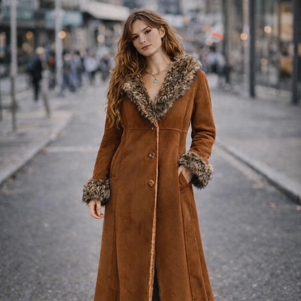 Vintage Penny Lane Jacket Maxi Faux suede&Fur Vegan Cognac Tan Mobwife M Petite